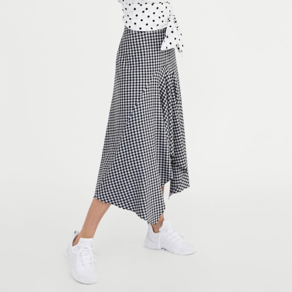 ZARA Black&White Checker Asymmetrical Midi Skirt